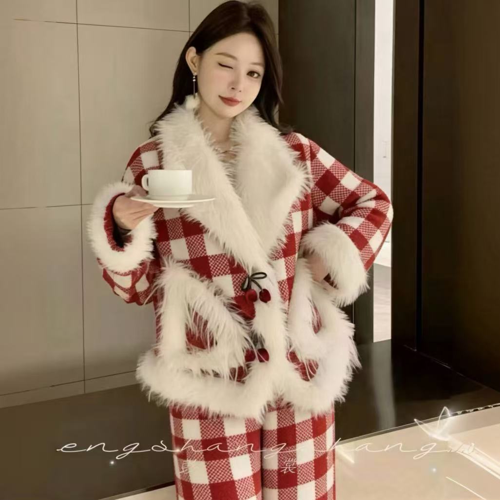 彭裳裳【赤枫漫格】冬装上新女士潮流保暖绒加厚睡衣舒适百搭居家服