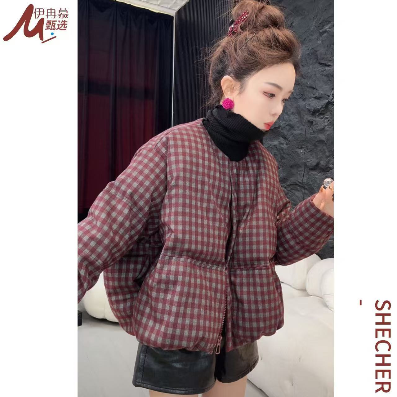 【伊冉慕严选】无领新拉链公主风厚款冬季格子羽绒服89015-3