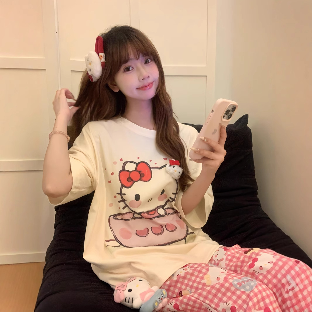 日系夏季新款Hello Kitty印花半袖体恤凯蒂猫纯棉短袖T恤衫女班服