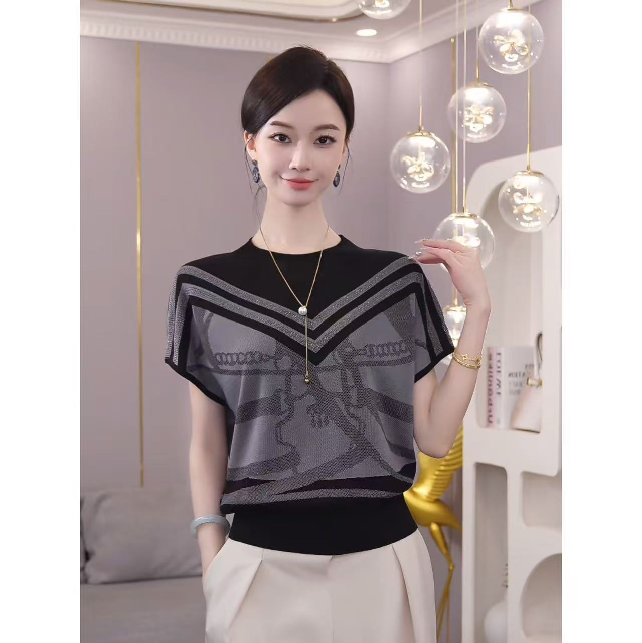 2025夏季新款【7827】黑灰色休闲百搭套头短袖圆领显瘦莱赛尔针织衫