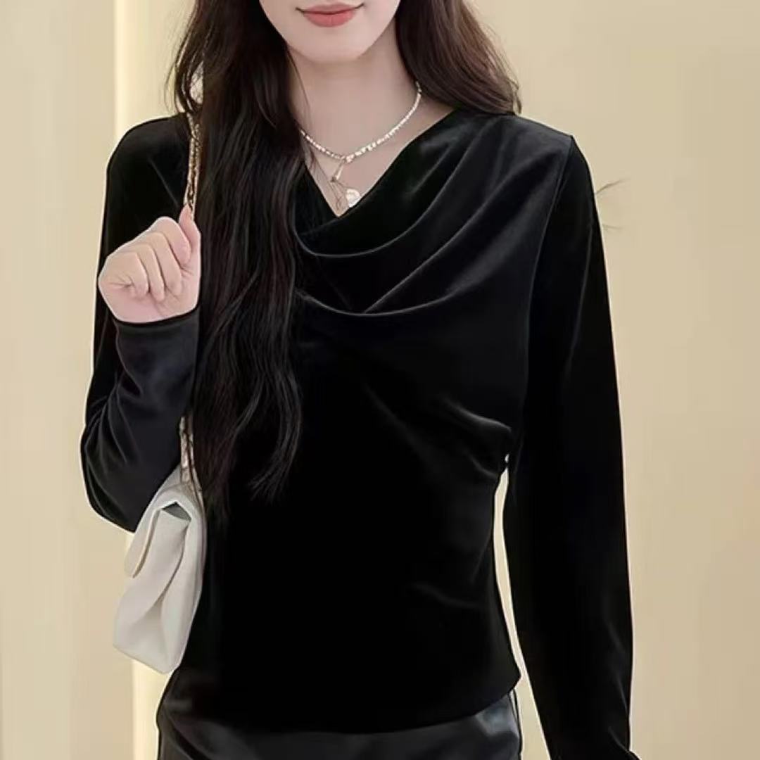 {yoyo主推/醋酸丝绒荡领上衣}荡领上衣时髦堆堆领设计气质减龄