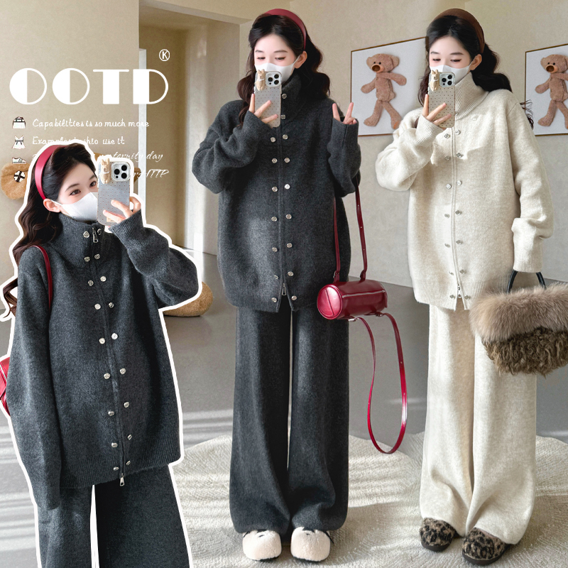 孕妇秋冬新品拉链立领双排扣毛衣休闲阔腿裤宽松软糯亲肤套装