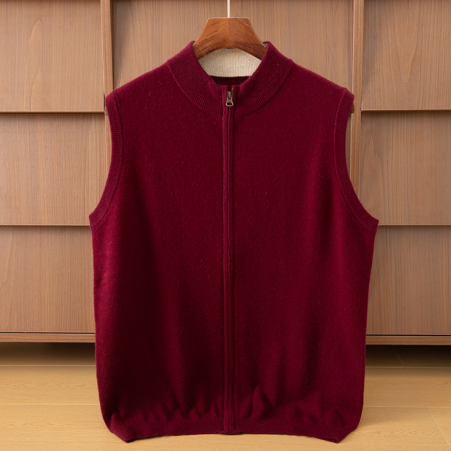 100%山羊绒男士马甲背心拉链开衫加厚拼色针织保暖内搭红色无袖