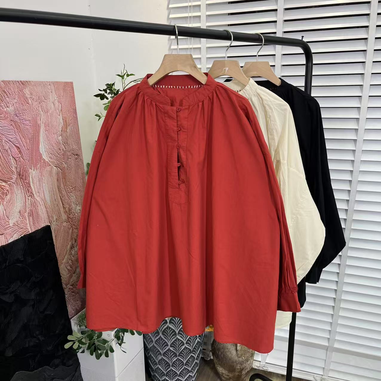 日系宽松文艺「松弛休闲套头」长袖衬衫女E5148