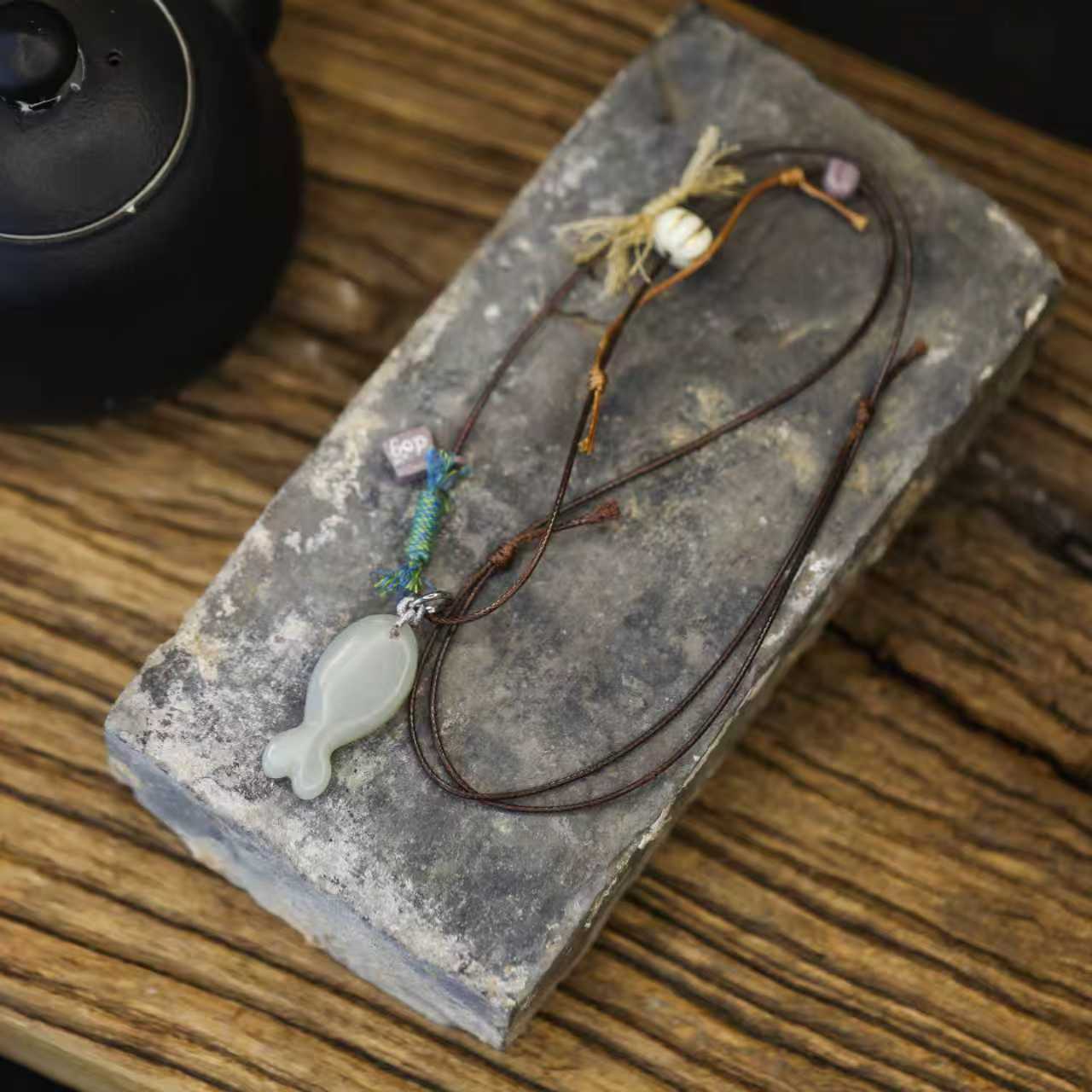 麦麦【承允】天然和田玉且末蓝 吊坠 小鱼 多样性发一