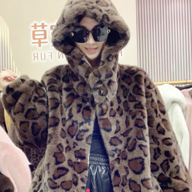 豹纹女连帽直下摆短款大袖短外套带帽女装女士宽松