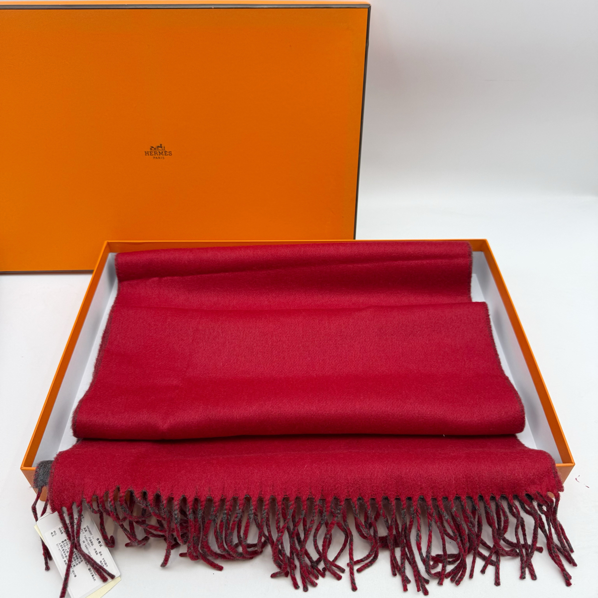 未使用 Hermes/爱马仕 红/灰双面羊绒围巾 尺寸40*160cm 58006