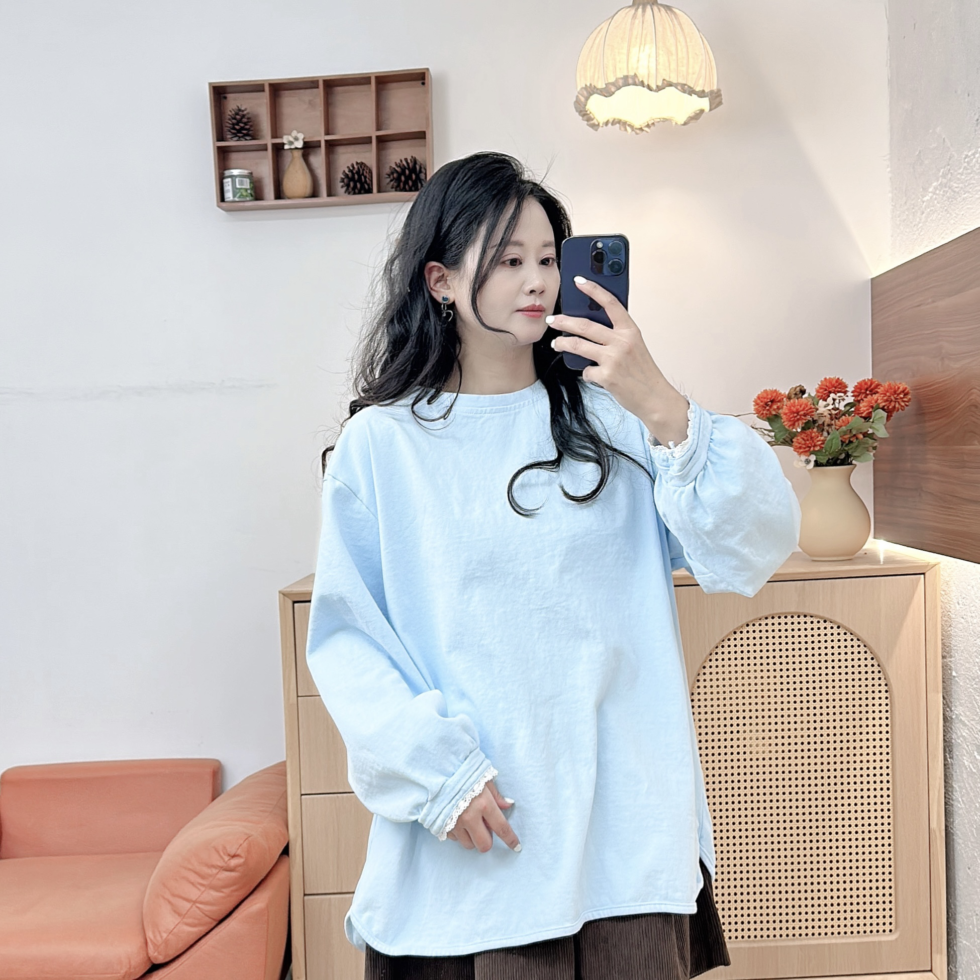 1204秋冬纯色简约加厚花边袖