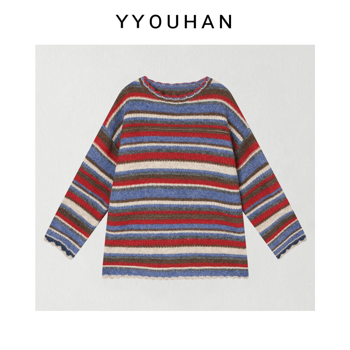 月月 2025冬季新款小众设计感圆领撞色条纹针织毛衣 2512C8984