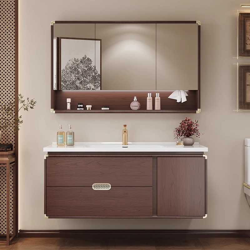 新中式胡桃木色橡胶木浴室柜组合卫生间陶瓷一体盆洗手洗脸盆套装