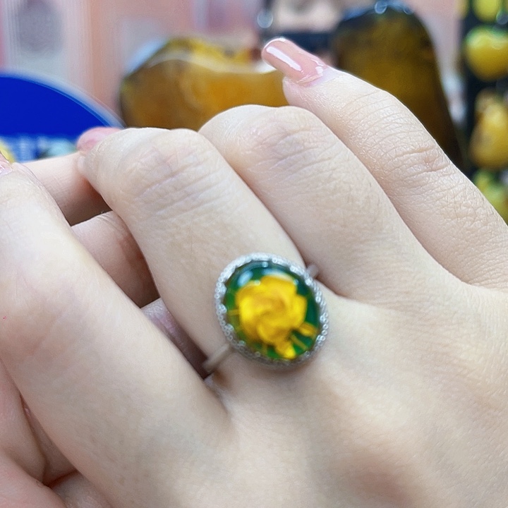 琥珀银S925镶嵌颈饰戒指