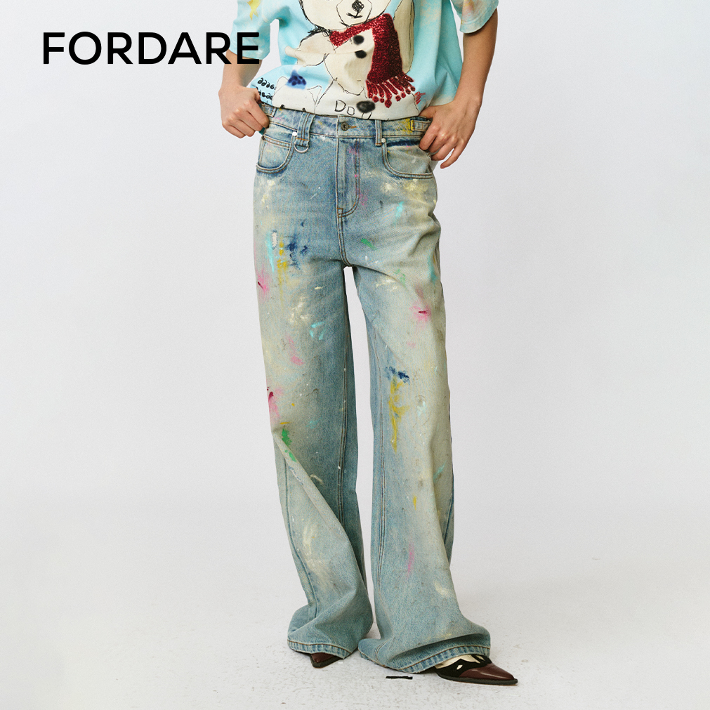 FORDARE福蝶 25早秋新品 彩色抹脏做旧牛仔裤阔腿复古宽松3372