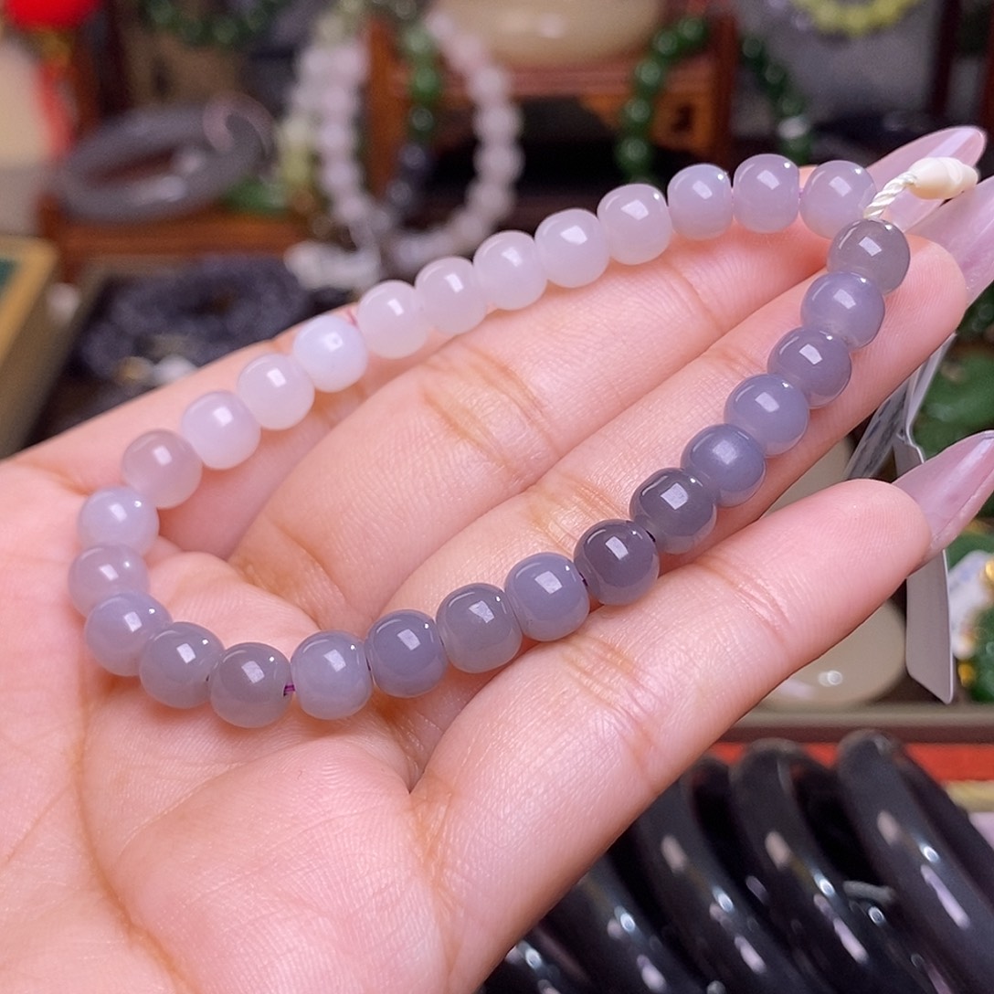 和田玉烟紫手链约7MM未镶嵌