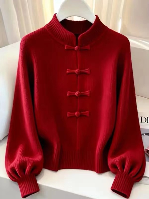 新中式红色立领盘扣粗线毛衣2025秋季独特超好看短款灯笼袖针织衫