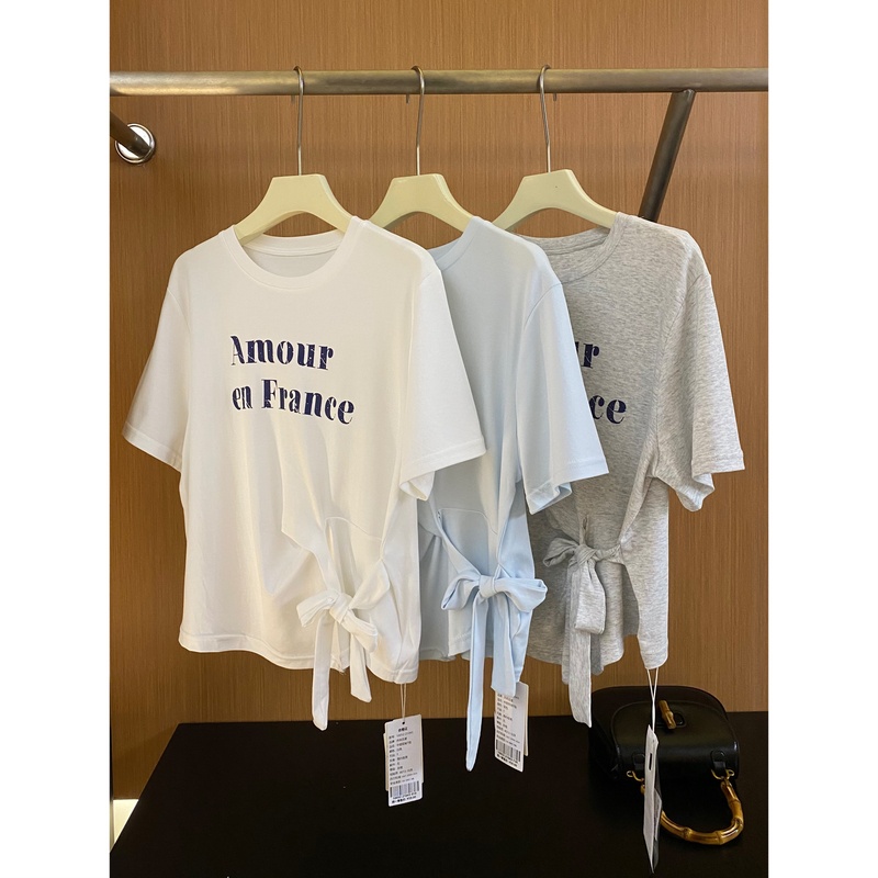 J15韩版短袖T恤女夏新款字母印花不规则绑带设计宽松显瘦圆领上衣