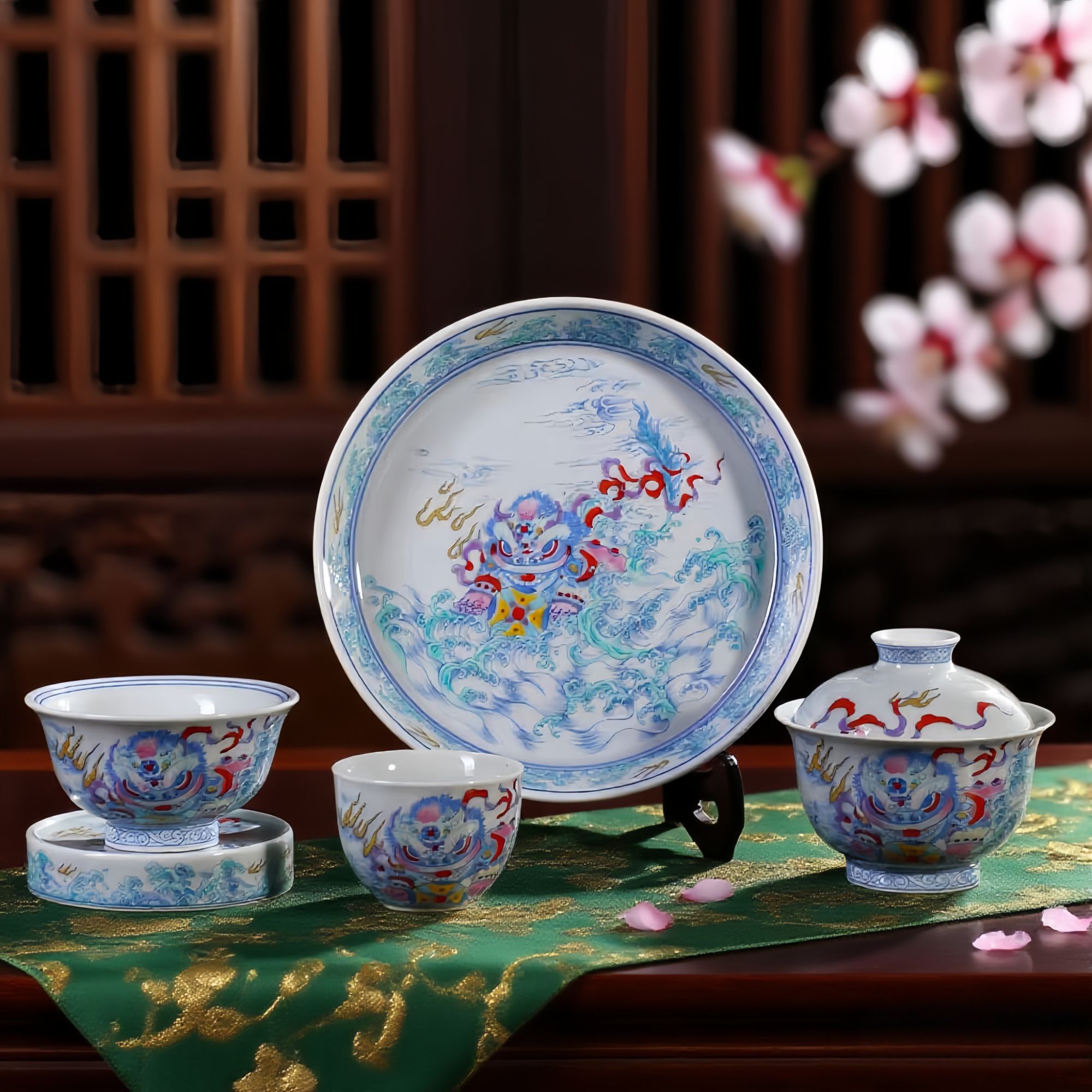 景德镇陶瓷茶具粉彩醒狮功夫茶具高档套组茶杯主人杯压手杯家用
