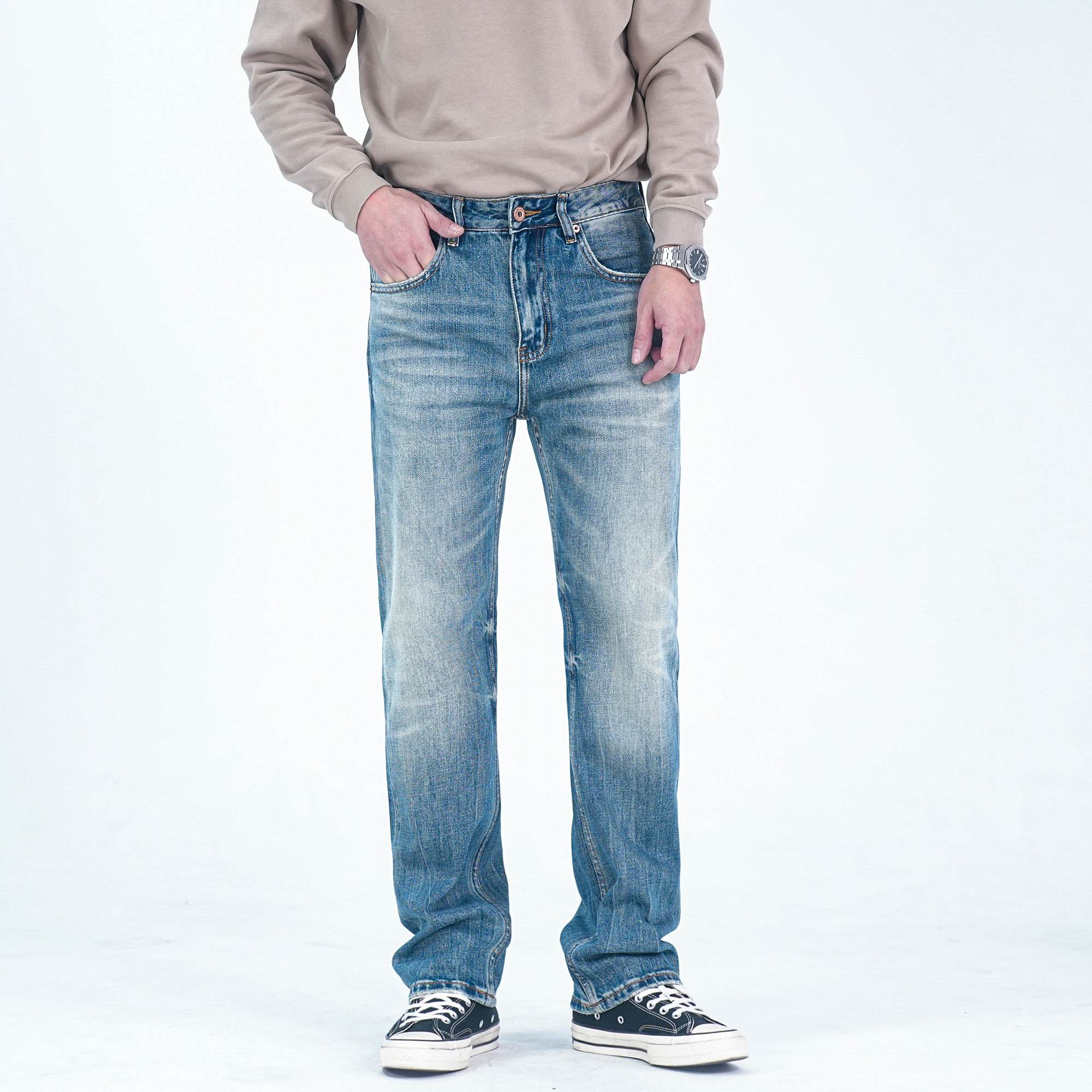 DIPAI/底牌13盎司秋冬款复古重工水洗美式蓝色牛仔裤男士舒适百搭