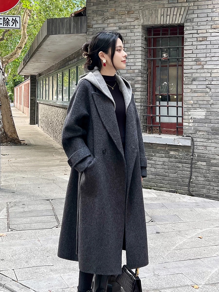 B221-240连帽宽松双面呢大衣过膝宽松连帽毛呢外套小个子长款