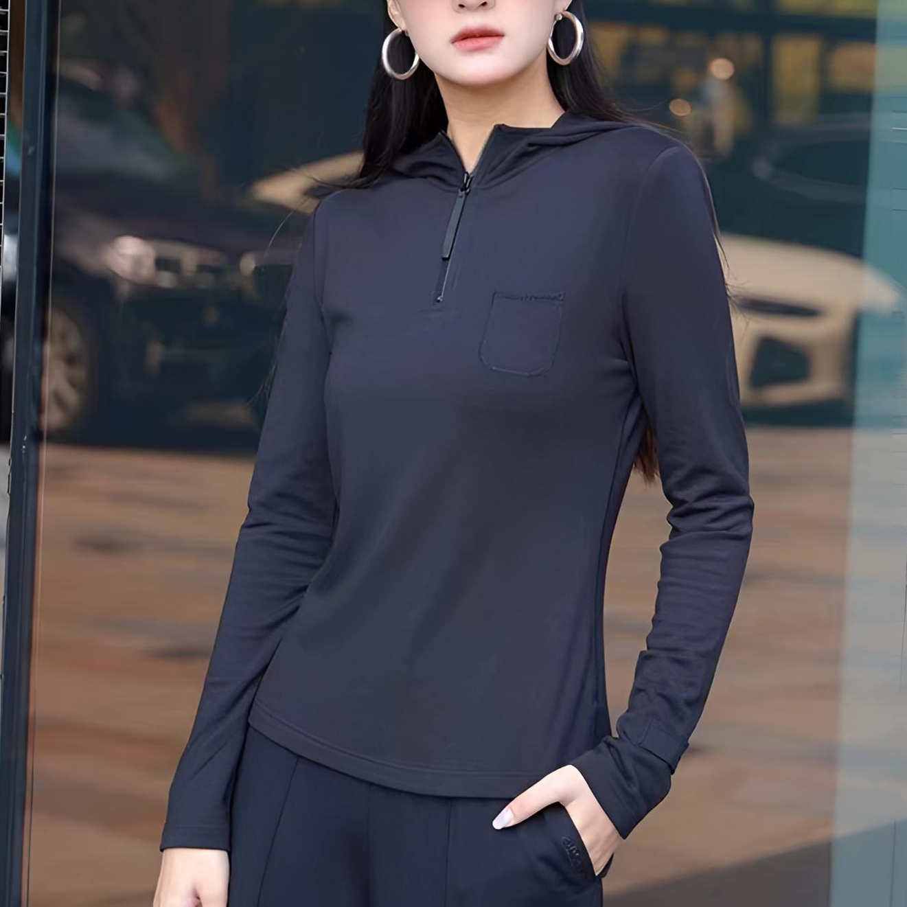 商场同款2025春秋新款修身半拉链莱赛尔连帽长袖卫衣女5300662