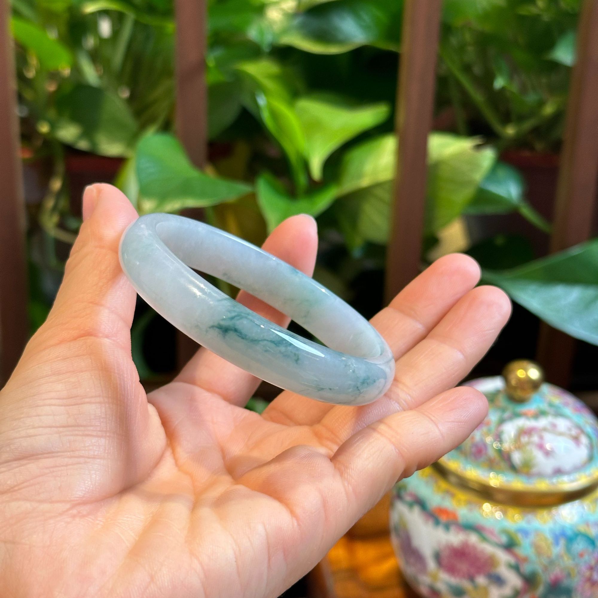 2416-S22L/60圈缅料翡翠正圈冰飘蓝绿花手镯大圈口女款气质手镯