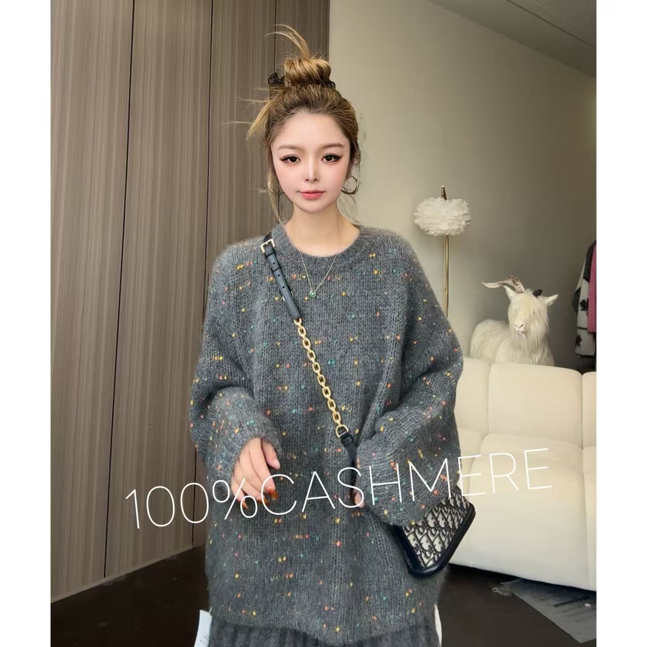 【百分百山羊绒】255564秋冬欧货重工拉绒款彩珠圆领羊绒衫百搭款