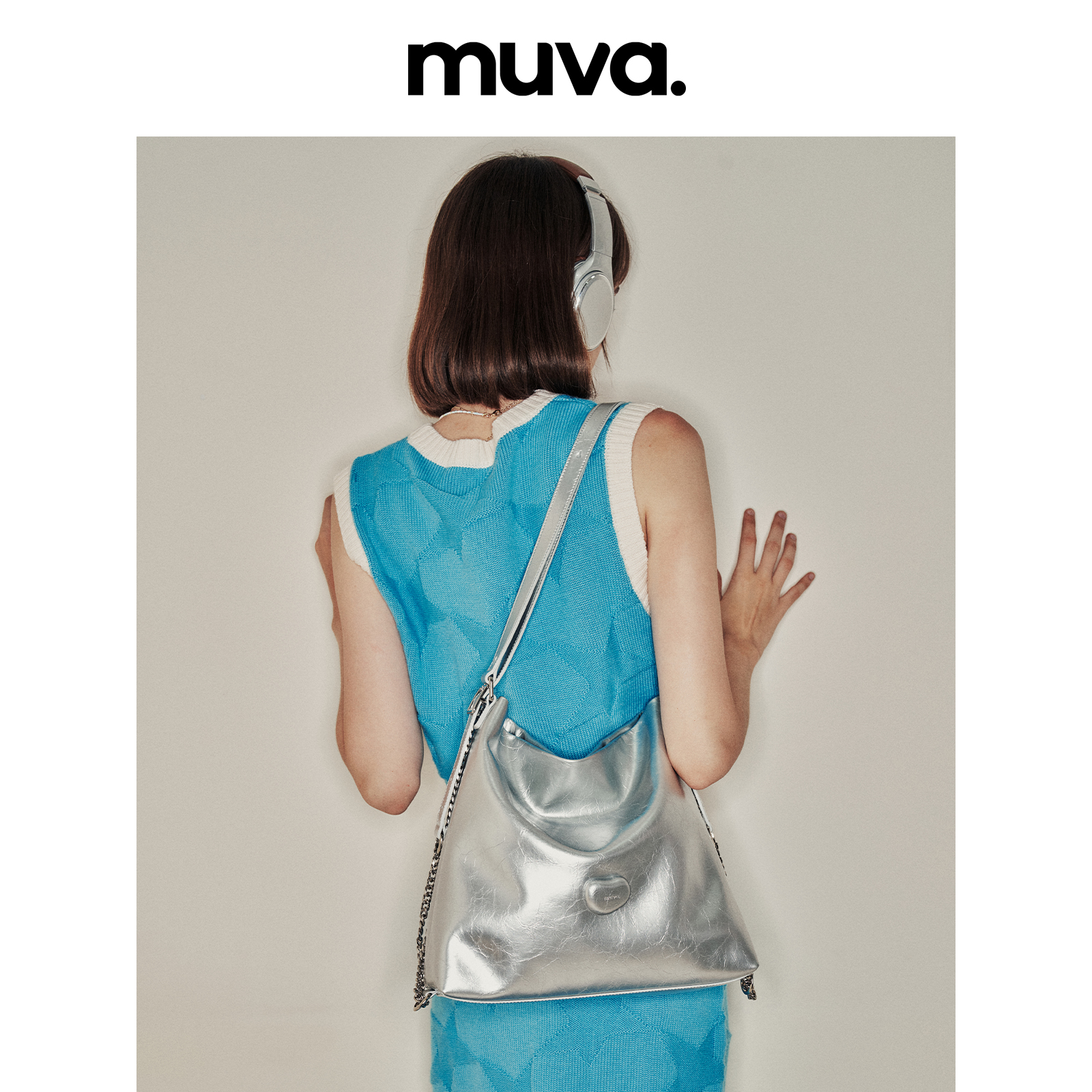 MUVA慵懒风托特包包女秋冬银色双肩包高级感大容量通勤包2023新款