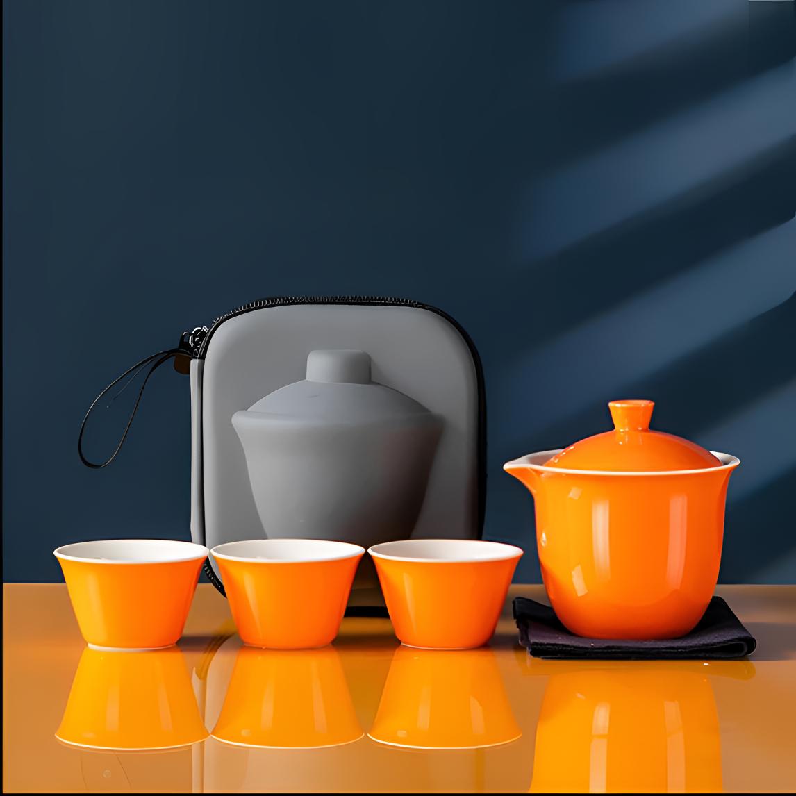 橘黄色陶瓷旅行茶具便携一壶三杯户外快客套装礼品19