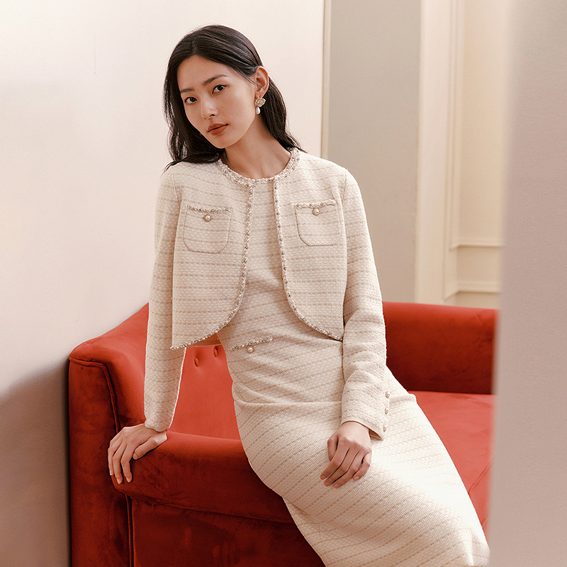 珂莱蒂尔名媛香风手工珠钻菠萝纹肌理花呢背心连衣裙KF13052D1