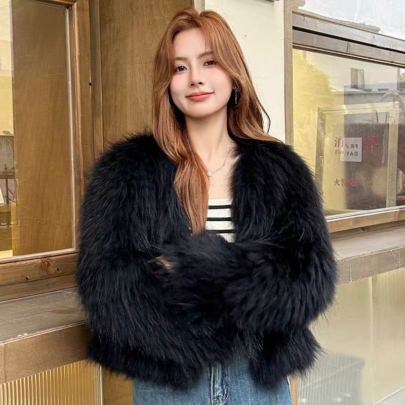 短款皮草外套编织女常规上衣冬季大衣网红气质中长款秋冬休闲V领