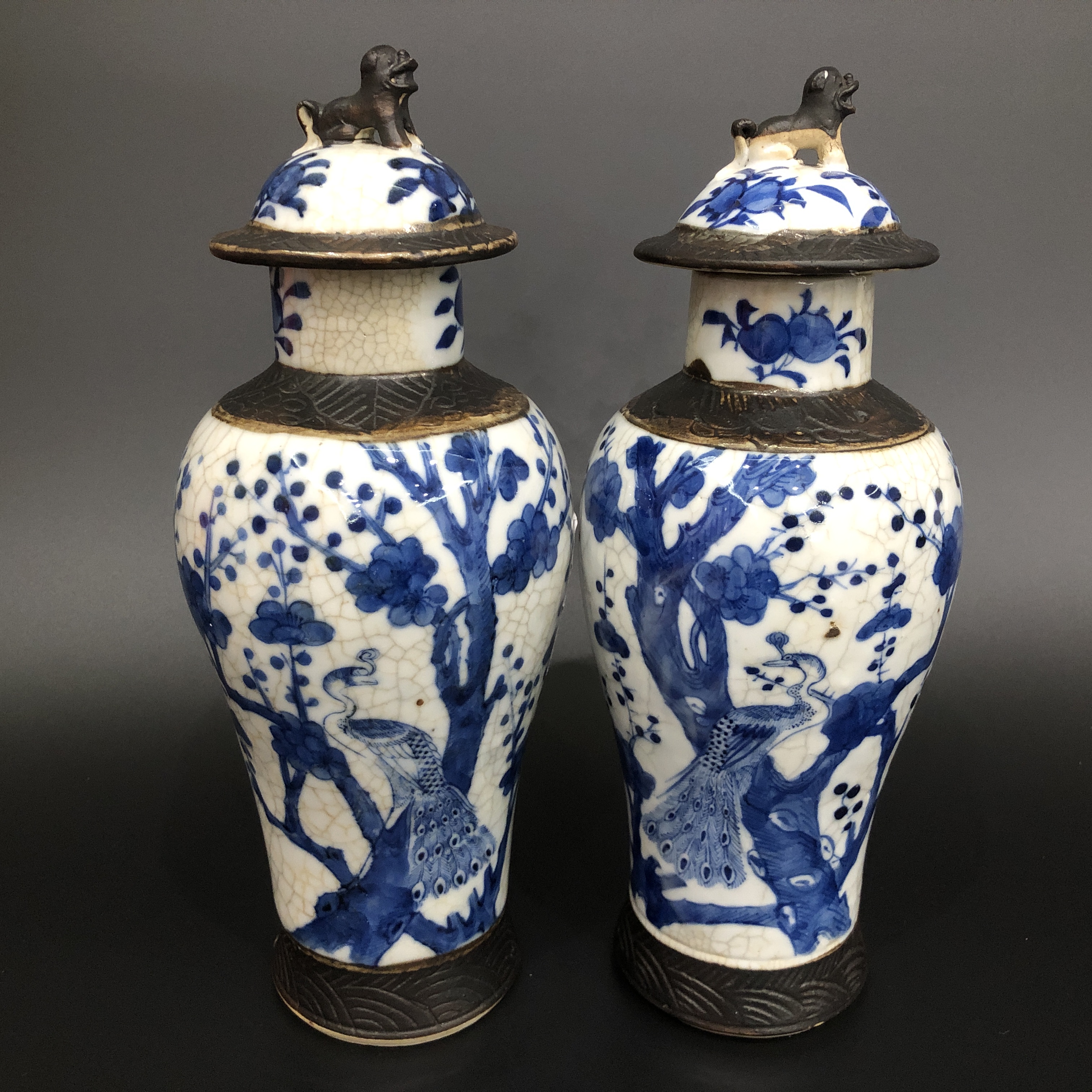 25110353-25110352清中期哥釉青花花鸟纹将军罐（两只）高31cm