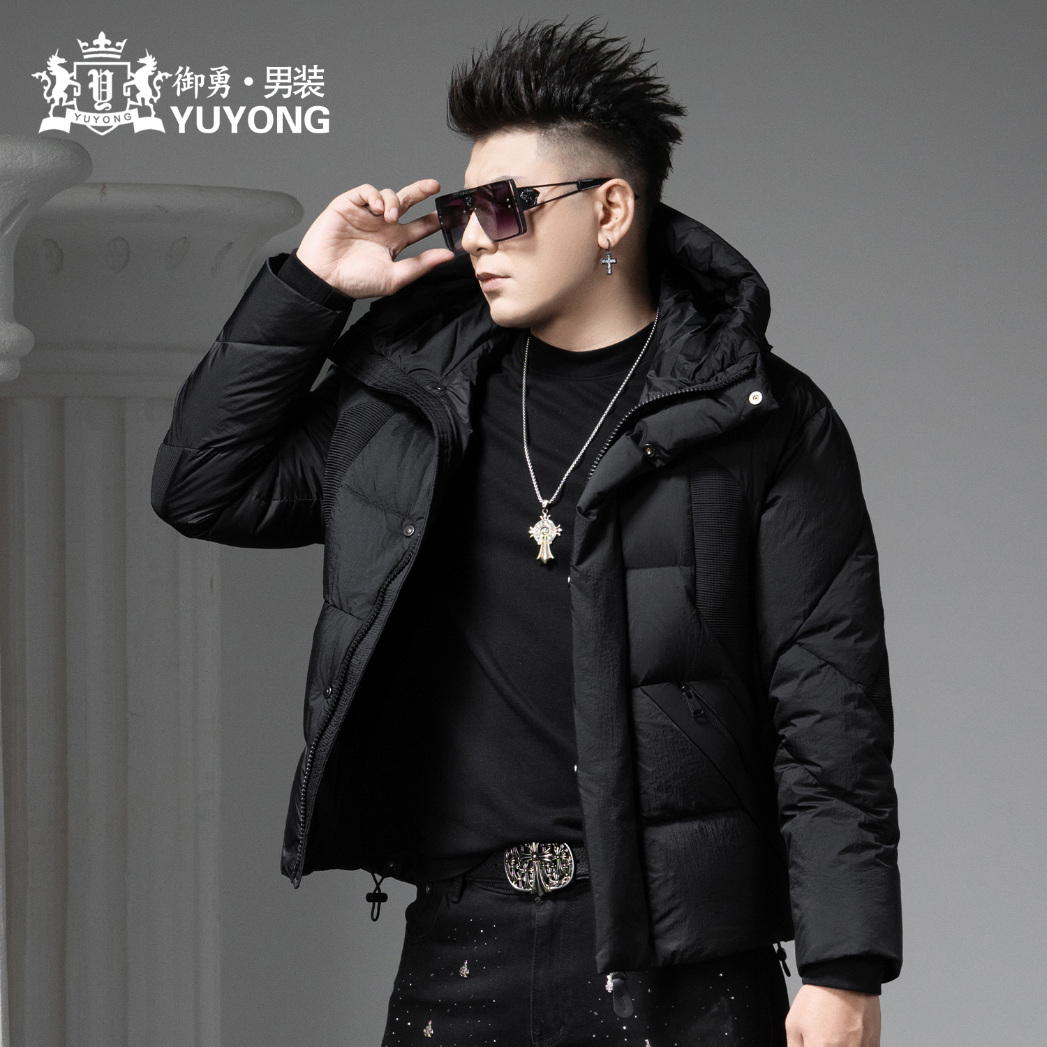 欧洲站机甲风男士羽绒服爆款外套2025新款冬季网纱拼接连帽防寒服