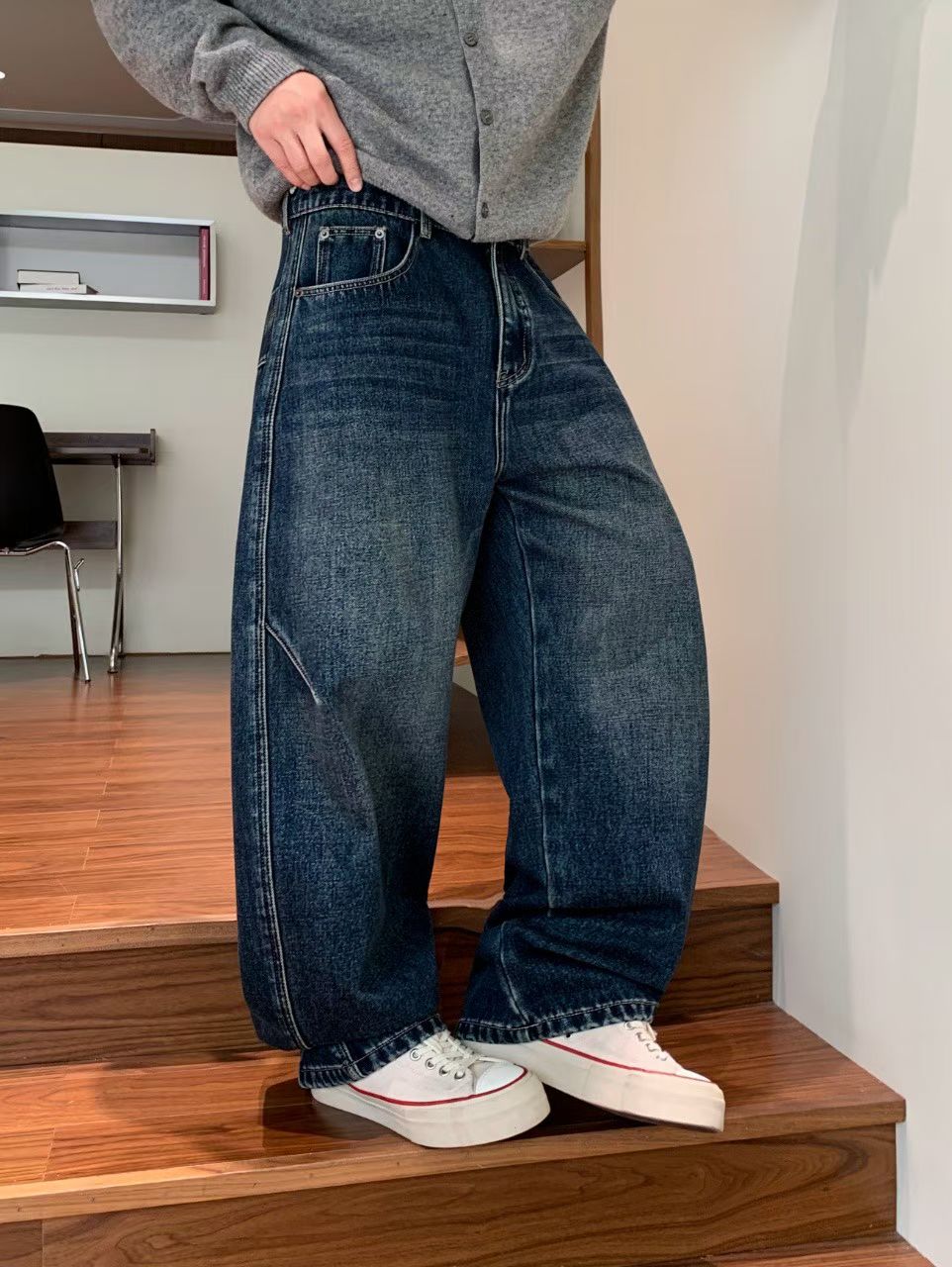 【HZ 男装】冬季加绒牛仔裤时尚休闲美式微阔小弯刀百搭款宽松复古