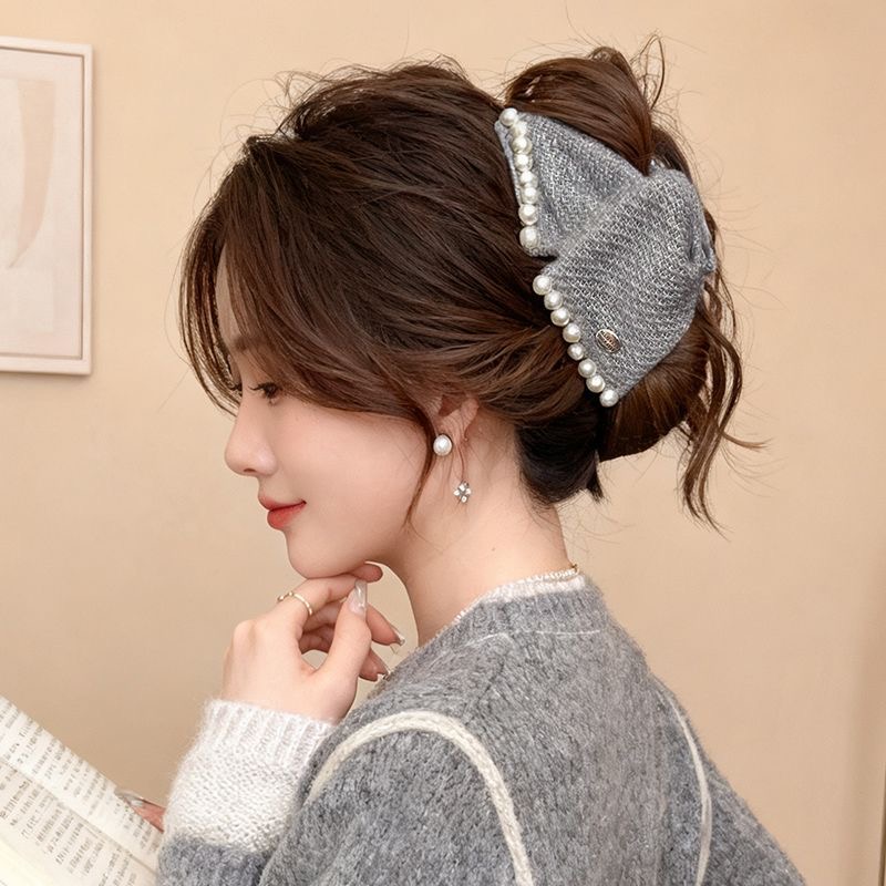 【晚茉饰品】小香风千鸟格珍珠抓夹女秋冬高级感后脑勺盘发鲨鱼夹