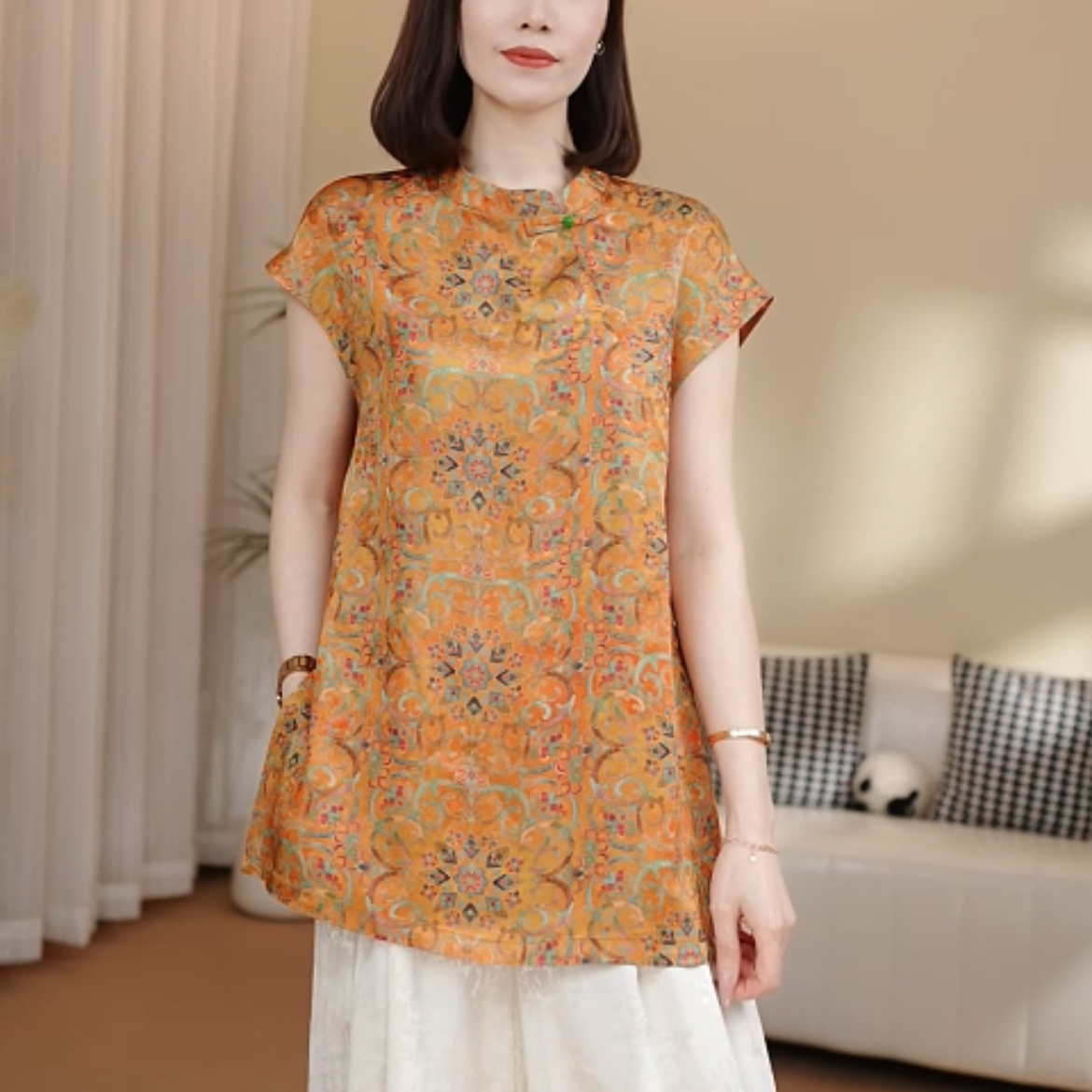 316#2025新款上衣短袖中国风复古立领花纹提花薄款唐装中长款气质