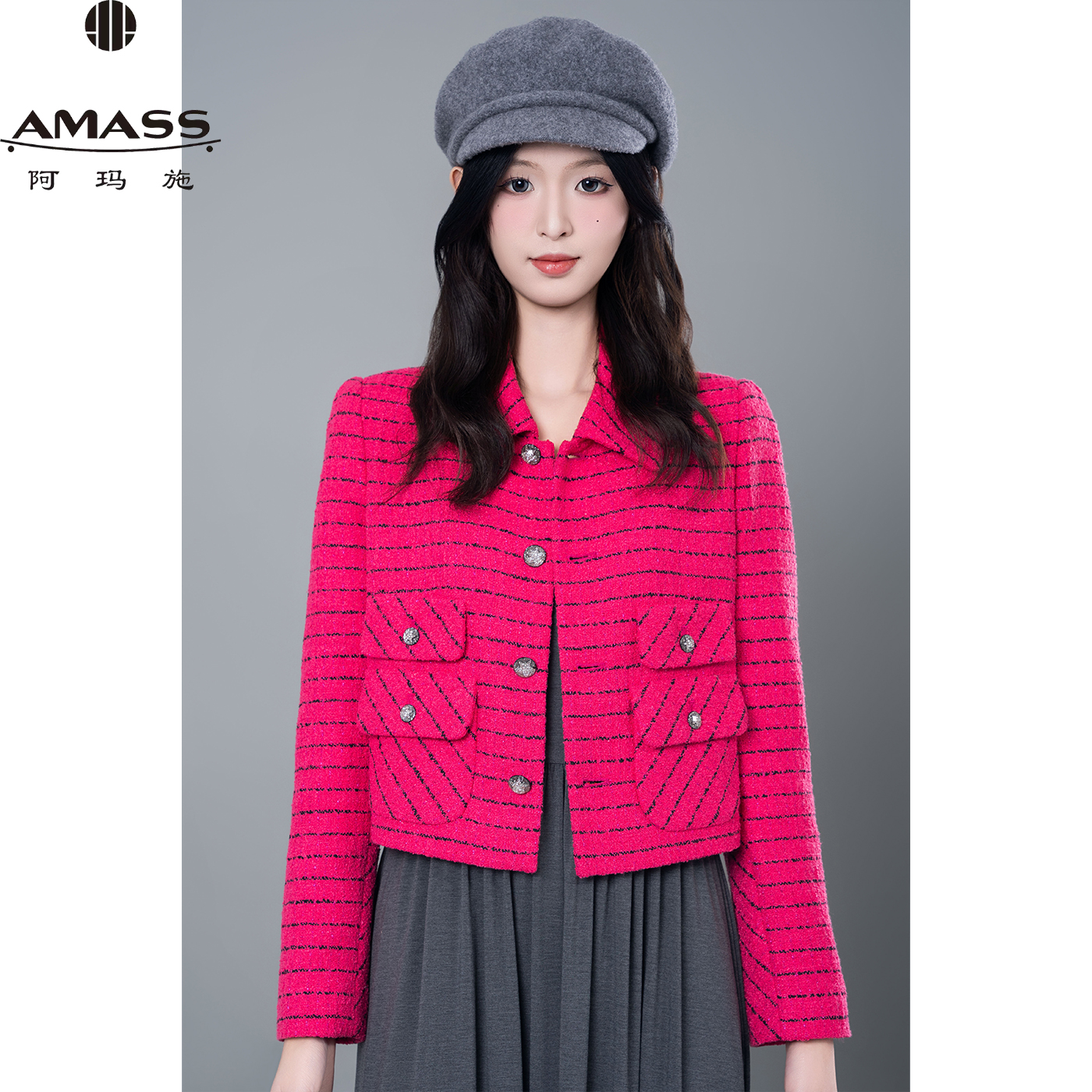 AMASS/阿玛施秋季优雅玫红色法式小香风编织气质短款外套 5400789