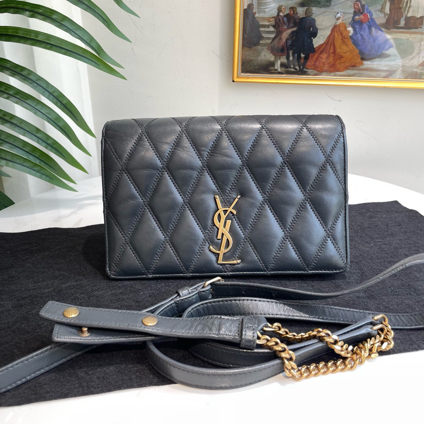 95新 YSL/圣罗兰 御古屋/灰绿色风琴斜挎包/86186