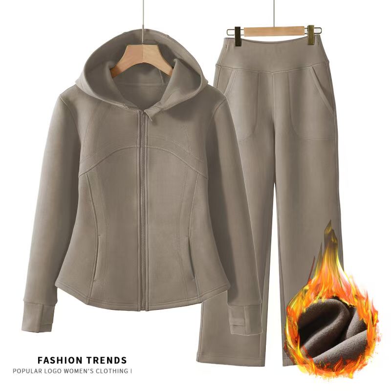 LU.LUU款【550g空气层厚绒帽衫套装】运动户外拉链连帽跑步运动阔腿