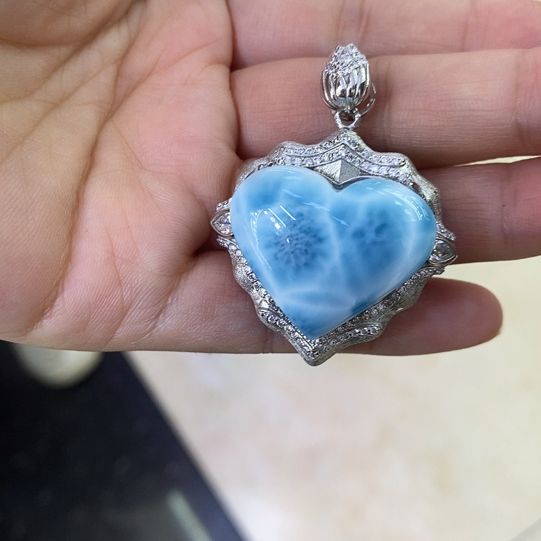 针钠钙石（海纹石）银S925镶嵌手链吊坠