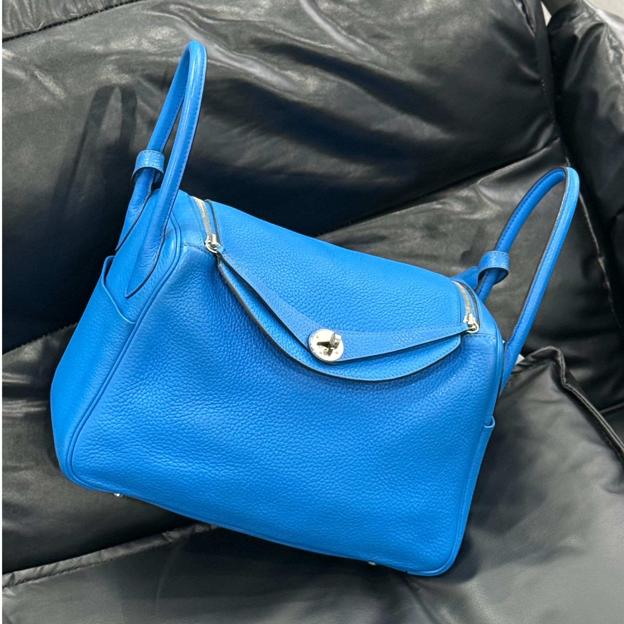 95新 Hermes/爱马仕 lindy30 北方蓝 银扣 框C tc皮