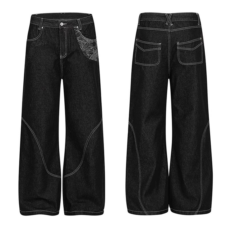 美式黑色原牛提花牛仔裤拼接明线设计秋季男女百搭氛围感微喇长裤