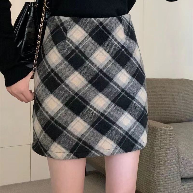 【YY专属】复古格子毛呢半身裙女秋冬小个子配毛衣高腰显瘦包臀短裙