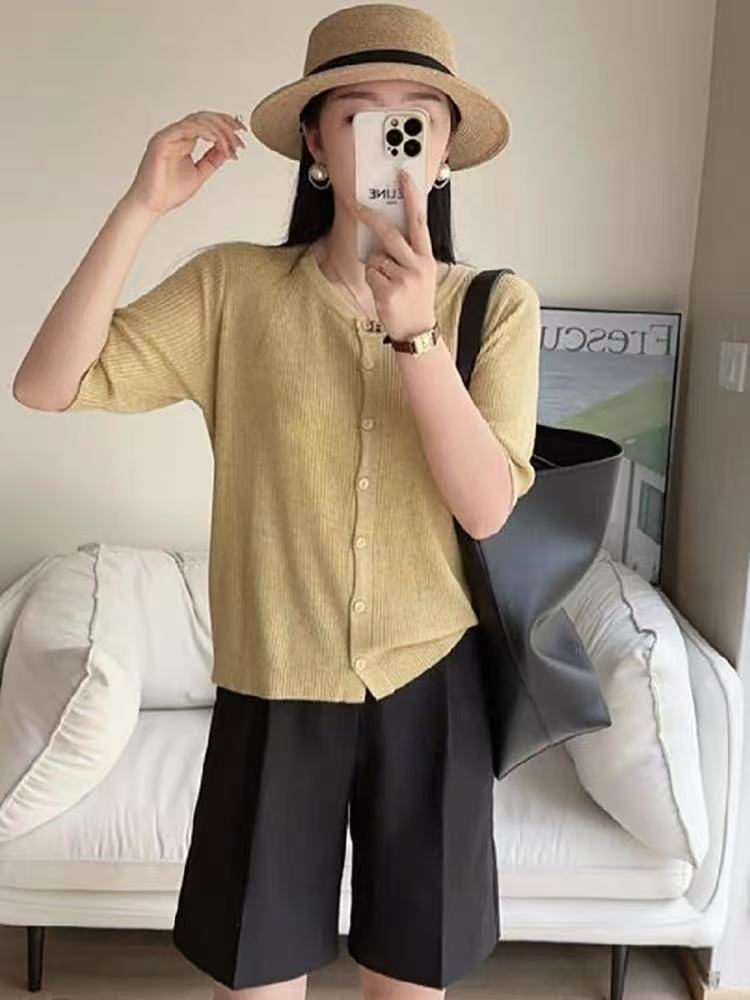 6206《日落黄》2025夏季短袖女针织开衫上衣纯色高级感薄款休闲上衣