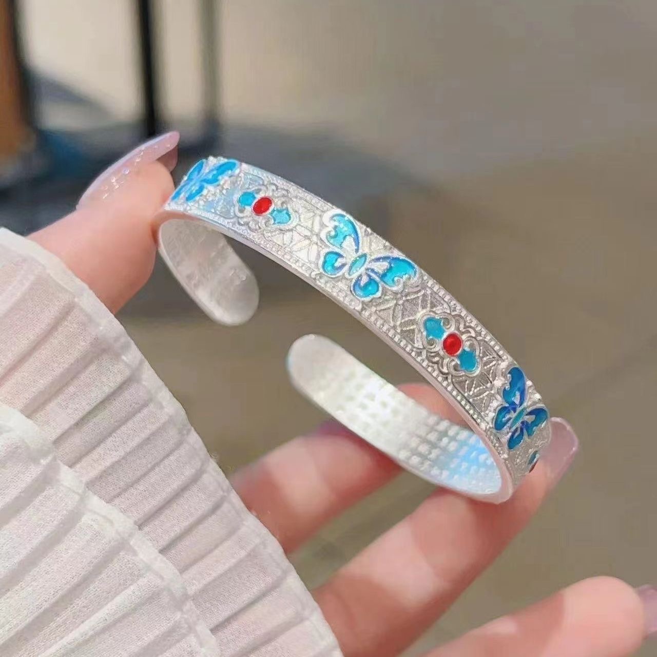 足银手镯 【七七】纯银999.9珐琅彩蝴蝶手镯开口女轻奢小众