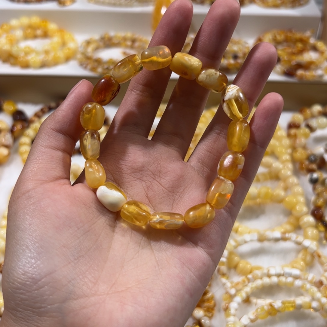 琥珀未镶嵌珠宝奇石橘金瓷白妖花随型手串