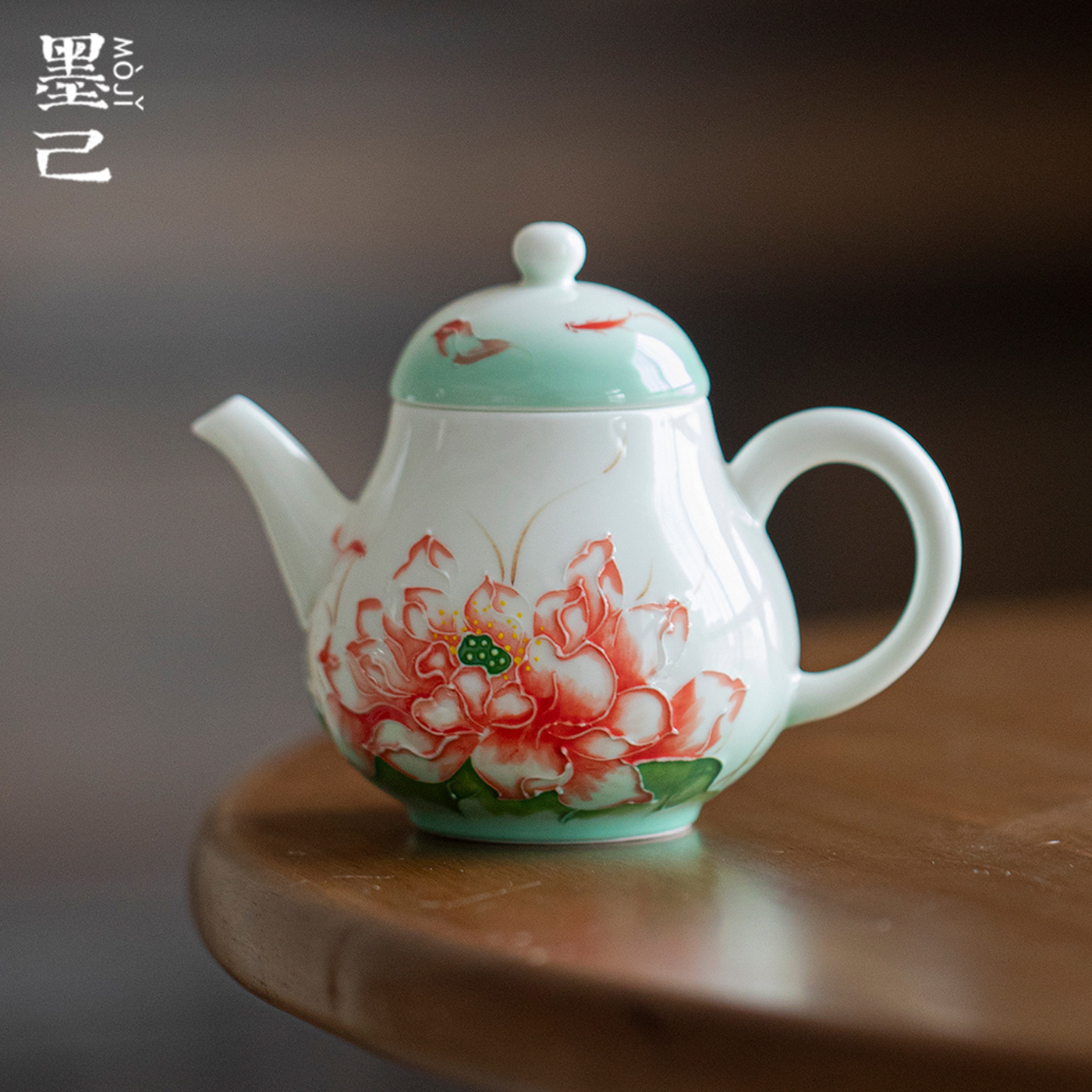 墨己玉泥白瓷绿宛莲馨手绘荷花陶瓷茶壶家用球孔过滤泡茶壶iI