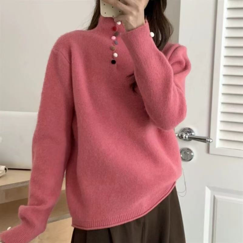 软糯女针织毛衣纽扣设计半高领长袖套头秋冬新款羊毛上衣7037