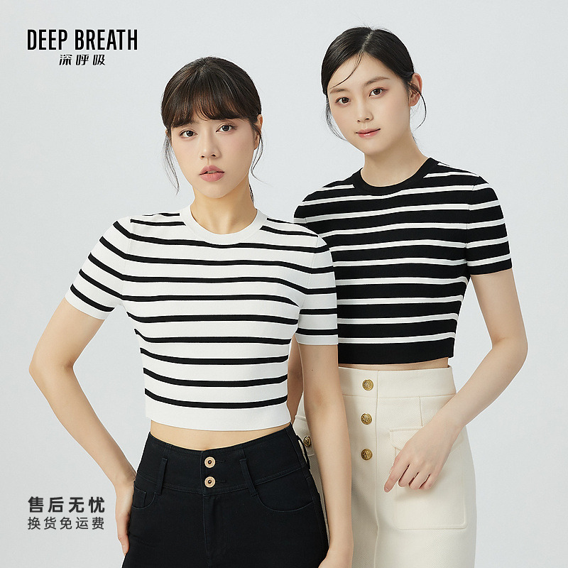 DEEP BREATH深呼吸女装新款条纹拼色针织衫简约短款上衣A301260