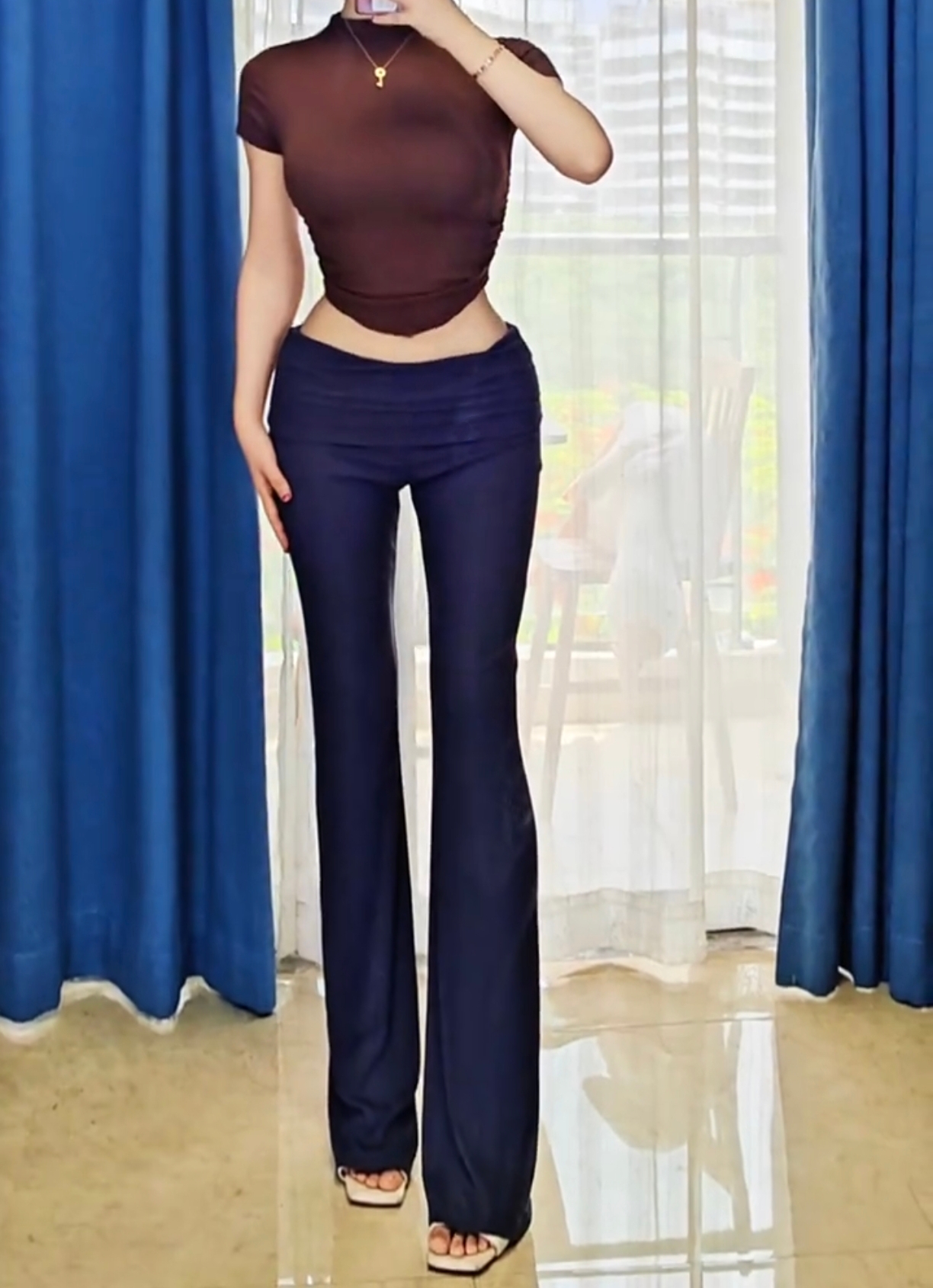 燃燃家春夏辣妹风弹力修身微喇长裤双层翻腰运动裤休闲裤蜜桃臀裤