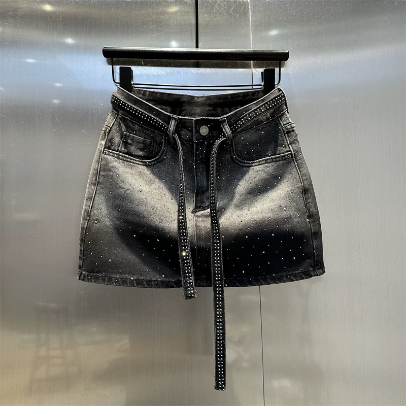 设计感渐变色烫钻时尚百搭牛仔半身裙2025夏季新款防走光A字短裙 