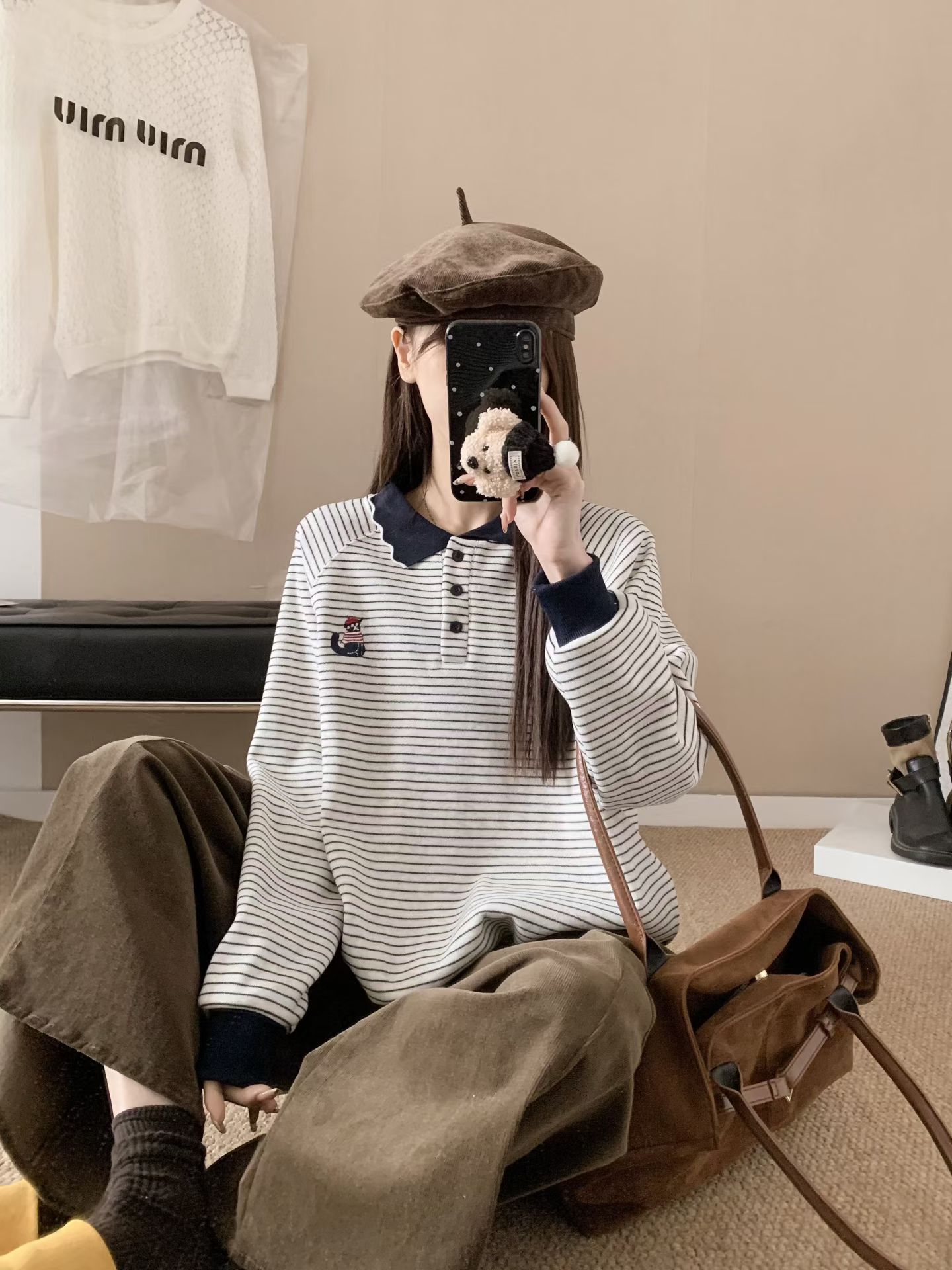 孕妇条纹卡通动漫套头加绒厚款卫衣休闲翻领上衣